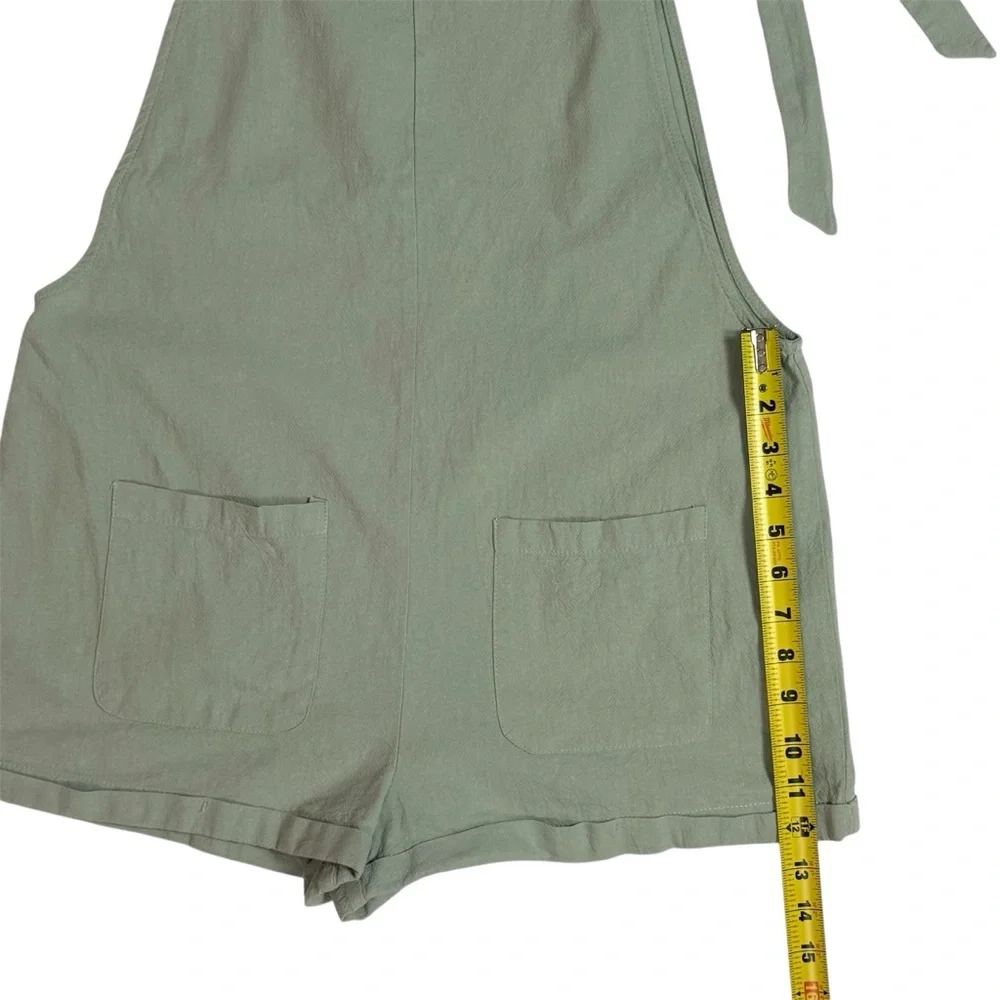 SHEIN Women Cotton Bib Shortalls Romper Sage Green Tie Strap Pockets